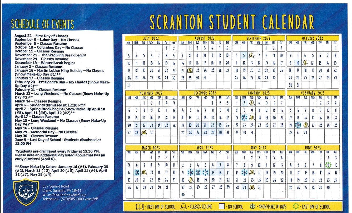 Student Calendar 202223 The Scranton School for Deaf & Hardof